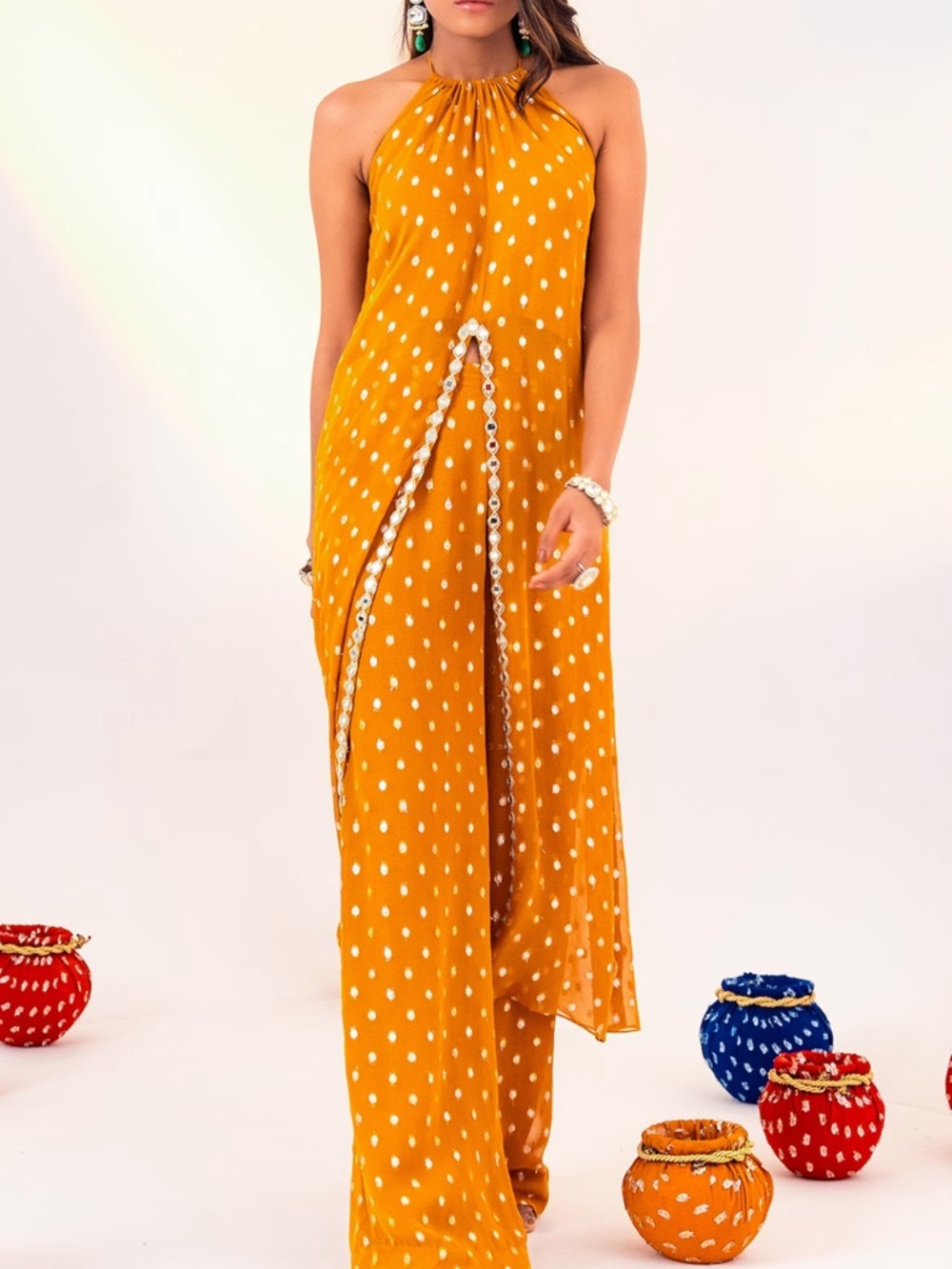 Mustard Halter Polka Dot Jumpsuit